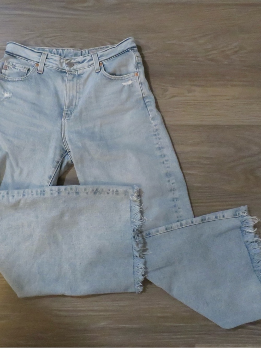 Ag Adriano Goldschmied Light Blue Frayed Hem Wide Leg Jeans